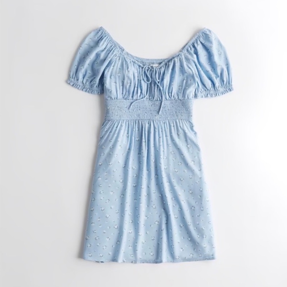 Hollister Light Blue Floral Puff-Sleeve Mini Dress